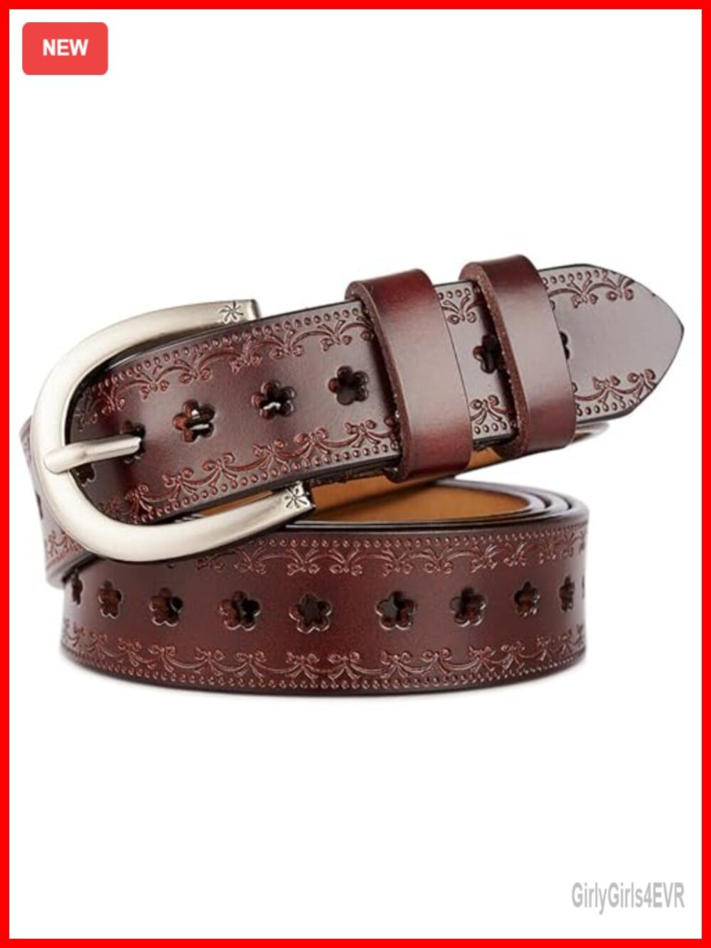 Vintage Floral Leather Belt for Women, Western Embossed Belt for Jeans and